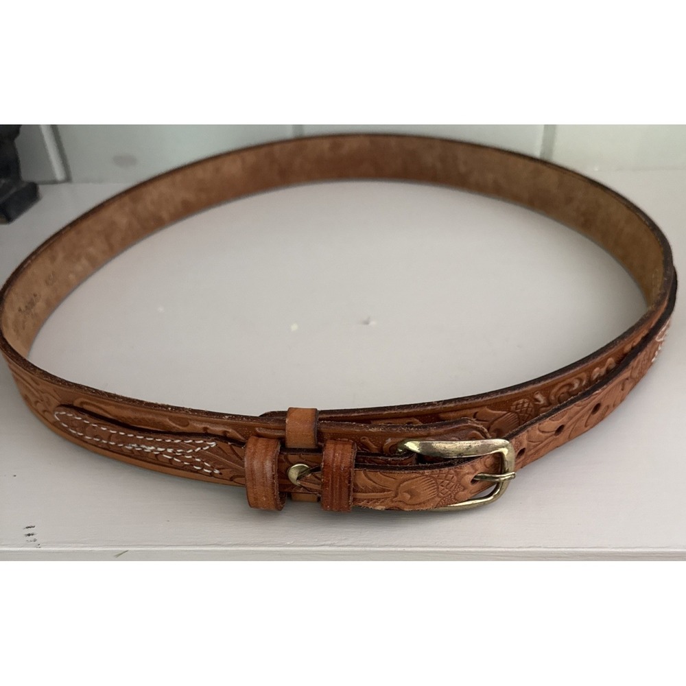 Vintage Hand-tooled Western Genuine Leather Belt Made In USA Size 38 Acorns